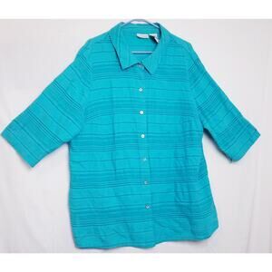 White Stag Women's Plus Blue Burn Out Button Up 3/4 Slv Cotton Blend Sz 22W/24W